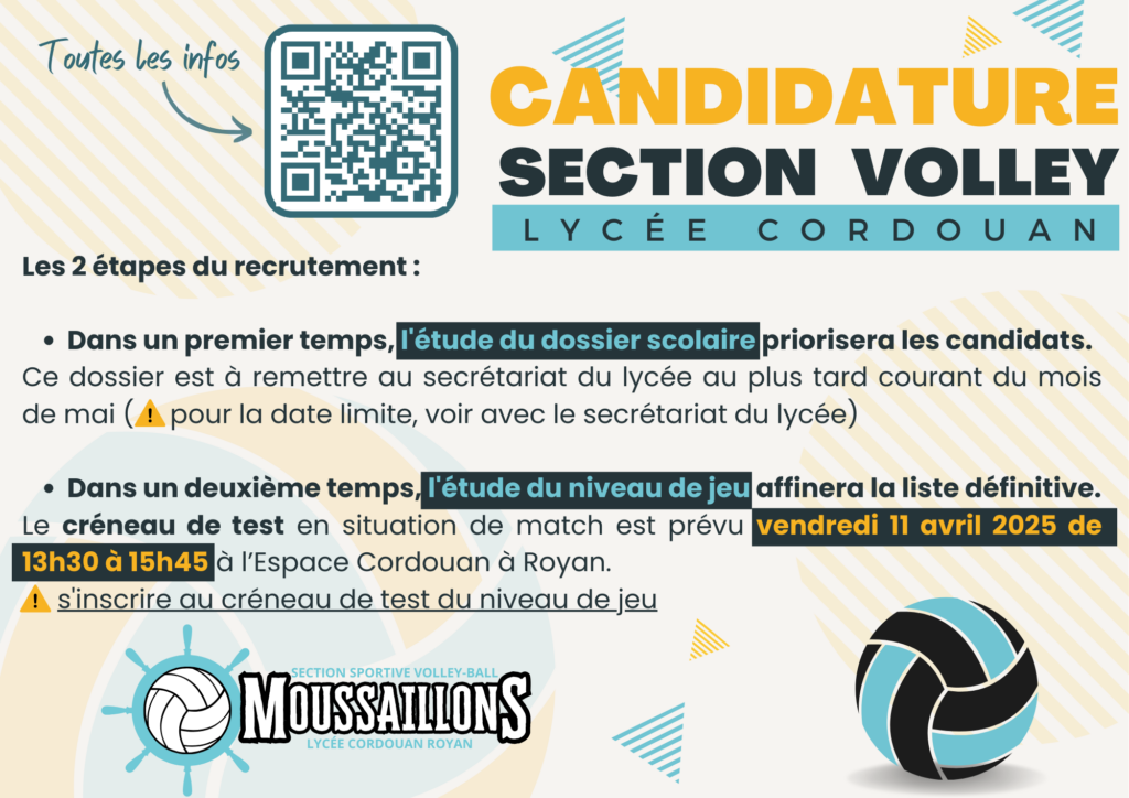 Candidature Section Sportive Scolaire Volley et Beach au lycée Cordouan à Royan