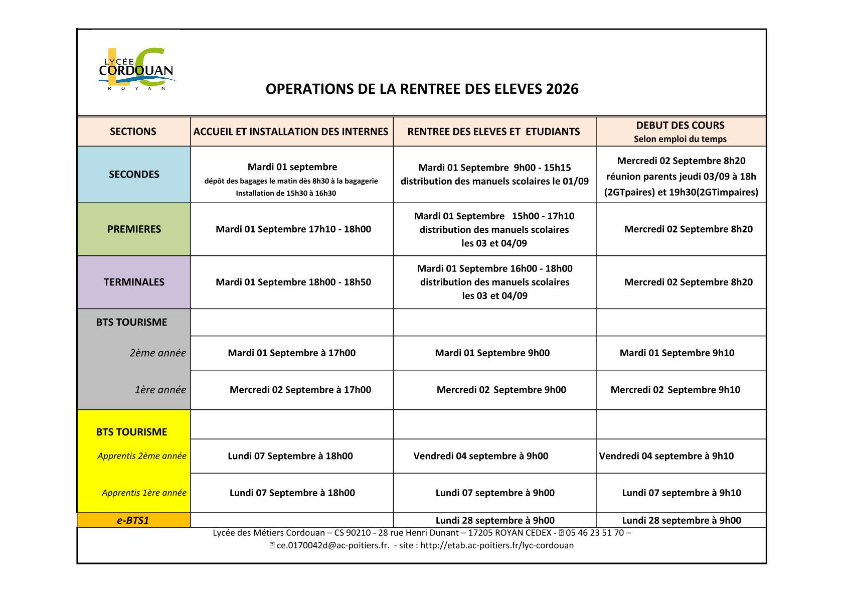 RENTRÉE DES ELEVES 2026